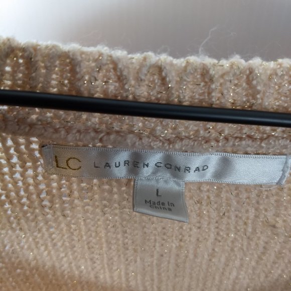 Lauren Conrad LC Pink Sparkle Knit Sweater Lace Heart Applique Large Long Sleeve - Picture 6 of 11